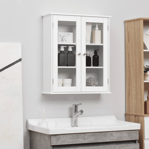 Kleanklin Armário Casa de Banho de Parede com 2 Portas de Cristal Armário Suspenso com Prateleiras Ajustáveis em Altura Multiuso para Cozinhas Sala de Estar 55x20x65cm Branco