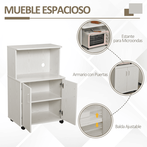 HOMCOM Armário Auxiliar para Microondas Armário de Cozinha Baixo com Armário de 2 Portas e Prateleira Ajustável com Rodas Carga 70 kg 60,4x40,3x97 cm Branco