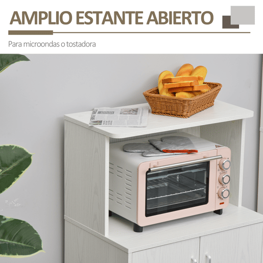 HOMCOM Armário Auxiliar para Microondas Armário de Cozinha Baixo com Armário de 2 Portas e Prateleira Ajustável com Rodas Carga 70 kg 60,4x40,3x97 cm Branco