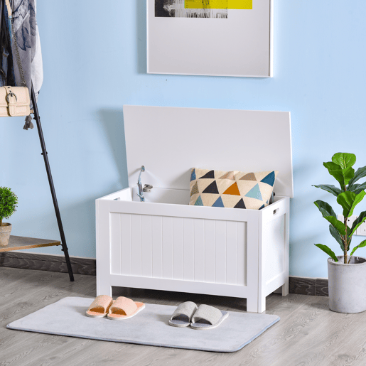 HOMCOM Baú de Armazenamento de Madeira Baú de Arrumação com Dobradiça de Segurança para Dormitório Sala de Estar Carga Máxima 20 kg 81x40x46 cm Branco