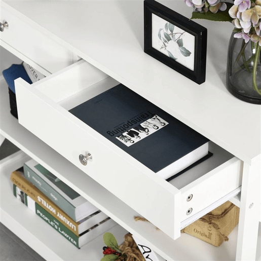 HOMCOM Mesa de console para Corredor com 2 gavetas e 2 prateleiras inferiores Móveis modernos Base elevada anti-inclinação 100x30.5x80 cm Branco