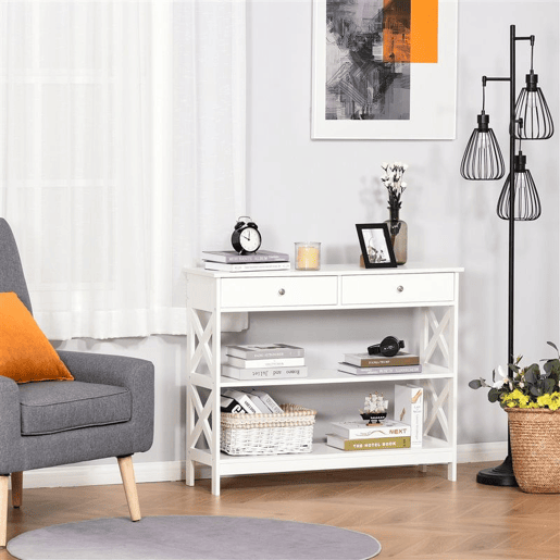 HOMCOM Mesa de console para Corredor com 2 gavetas e 2 prateleiras inferiores Móveis modernos Base elevada anti-inclinação 100x30.5x80 cm Branco