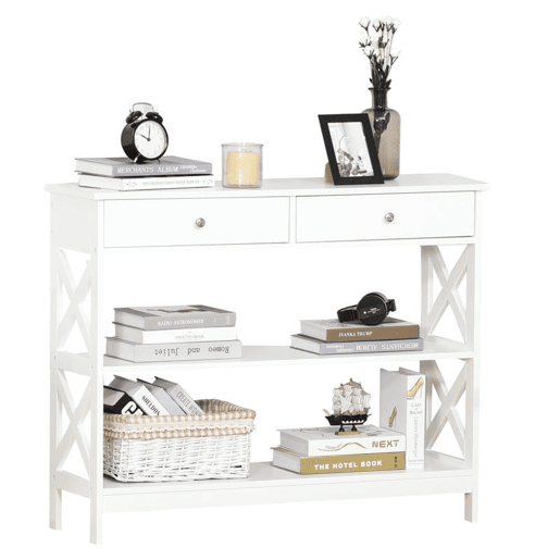 HOMCOM Mesa de console para Corredor com 2 gavetas e 2 prateleiras inferiores Móveis modernos Base elevada anti-inclinação 100x30.5x80 cm Branco