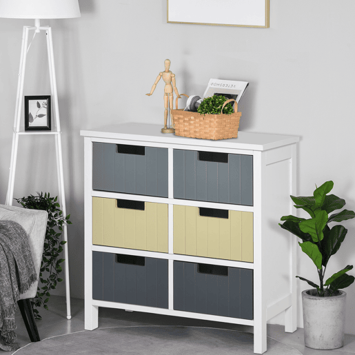 HOMCOM Cómoda de Madeira com 6 Gavetas Cómoda Auxiliar de Armazenamento com Pés Elevados Estilo Moderno para Dormitórios Sala de Estar Casa de Banho 60x28x58cm Multicor