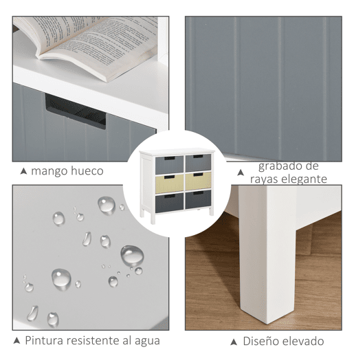 HOMCOM Cómoda de Madeira com 6 Gavetas Cómoda Auxiliar de Armazenamento com Pés Elevados Estilo Moderno para Dormitórios Sala de Estar Casa de Banho 60x28x58cm Multicor