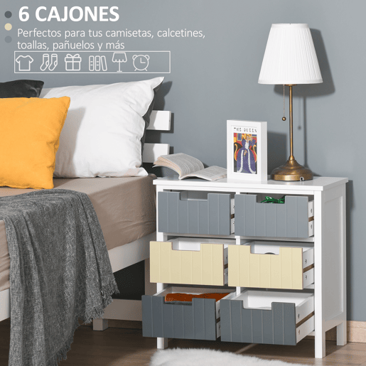 HOMCOM Cómoda de Madeira com 6 Gavetas Cómoda Auxiliar de Armazenamento com Pés Elevados Estilo Moderno para Dormitórios Sala de Estar Casa de Banho 60x28x58cm Multicor