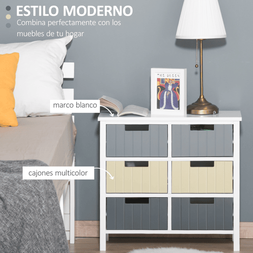 HOMCOM Cómoda de Madeira com 6 Gavetas Cómoda Auxiliar de Armazenamento com Pés Elevados Estilo Moderno para Dormitórios Sala de Estar Casa de Banho 60x28x58cm Multicor
