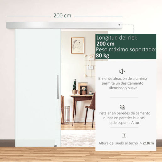 HOMCOM Porta de Correr de Vidro 90x205 cm Porta de Correr de Vidro com Trilho Translúcida