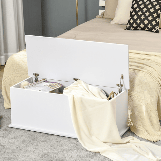 HOMCOM Baú de Armazenamento, Banco de Armazenamento com Dobradiça de Segurança, Estilo Moderno, para Entrada, Quarto, Sala de Estar, 100x40x40 cm, Branco