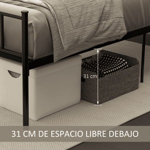 HOMCOM Estrutura de Cama Individual de Metal 31cm para Colchão 90x190cm com Cabeceira com Forma de Coração Estrutura de Cama com Espaço em Baixo de Armazenamento 95x196x100cm Preto