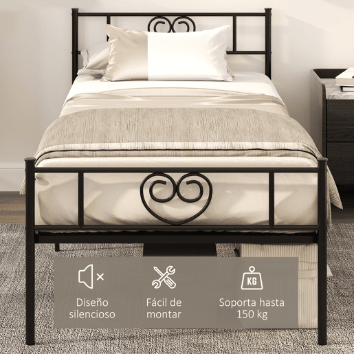 HOMCOM Estrutura de Cama Individual de Metal 31cm para Colchão 90x190cm com Cabeceira com Forma de Coração Estrutura de Cama com Espaço em Baixo de Armazenamento 95x196x100cm Preto