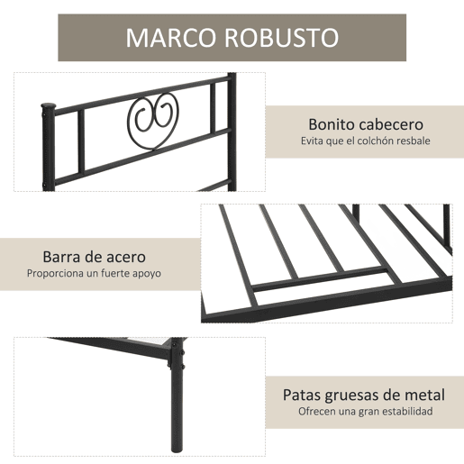 HOMCOM Estrutura de Cama Individual de Metal 31cm para Colchão 90x190cm com Cabeceira com Forma de Coração Estrutura de Cama com Espaço em Baixo de Armazenamento 95x196x100cm Preto