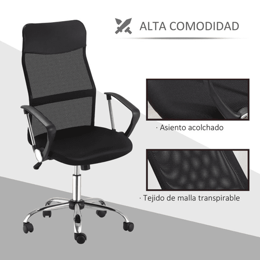 HOMCOM Cadeira de Escritório Cadeira de Secretária de Tecido de Malha Encosto para a Cabeça de PU Mecanismo de Inclinação de Encosto Alto Carga de 120 kg Preto