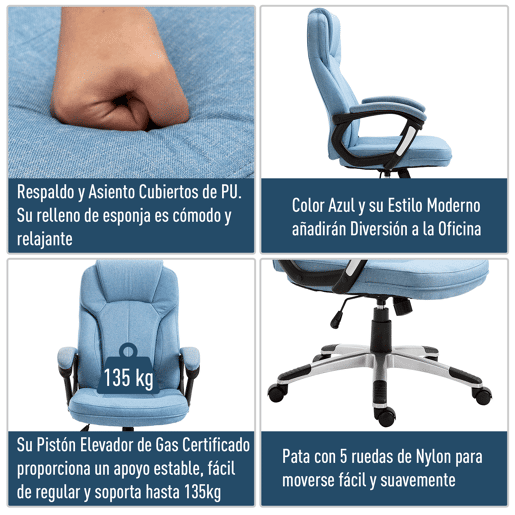 Vinsetto Cadeira de Escritório Giratória Cadeira de Escritório Ergonômica com Altura Ajustável Apoio para os Braços e Encosto Acolchoado de Linho Sintético 66x75x110-120cm Azul Claro
