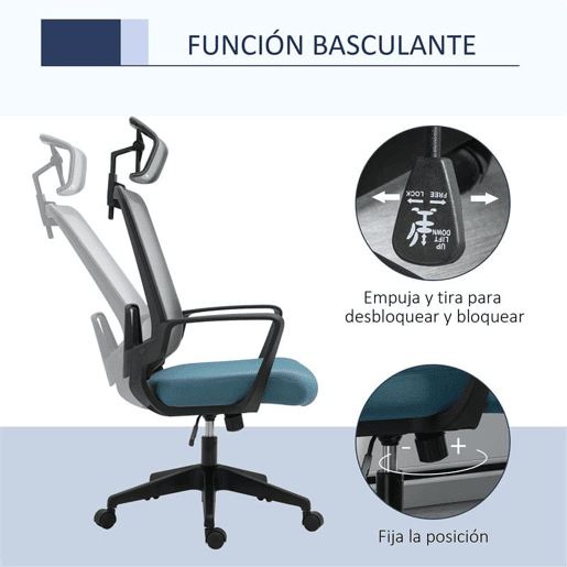 Vinsetto Cadeira de Escritório Ergonômica Cadeira de Escritório Giratória com Altura Ajustável Apoio para a Cabeça Apoio para os Braços e Suporte Lombar Reguláveis 63,5x63x116,5-125,5cm Azul e Cinza
