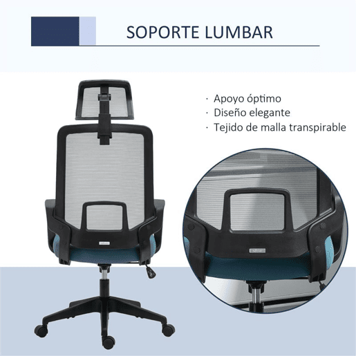 Vinsetto Cadeira de Escritório Ergonômica Cadeira de Escritório Giratória com Altura Ajustável Apoio para a Cabeça Apoio para os Braços e Suporte Lombar Reguláveis 63,5x63x116,5-125,5cm Azul e Cinza