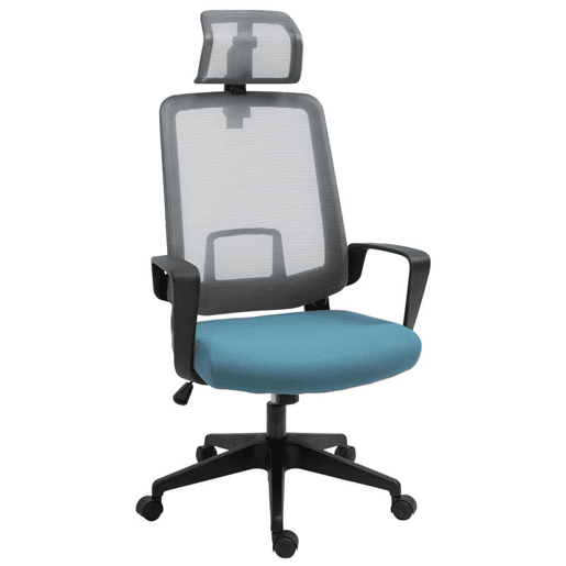 Vinsetto Cadeira de Escritório Ergonômica Cadeira de Escritório Giratória com Altura Ajustável Apoio para a Cabeça Apoio para os Braços e Suporte Lombar Reguláveis 63,5x63x116,5-125,5cm Azul e Cinza
