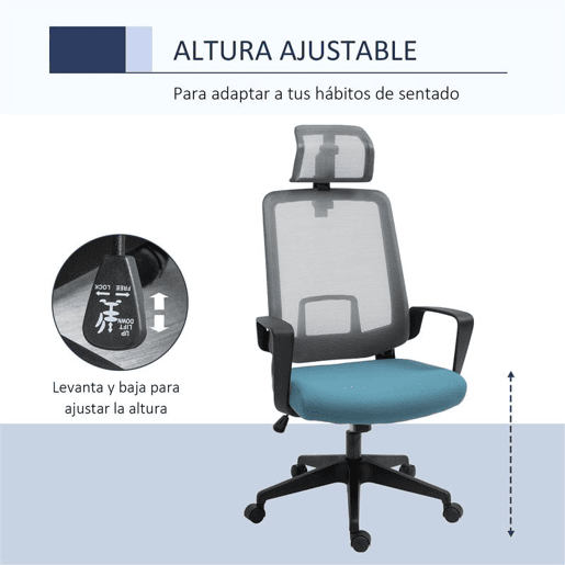Vinsetto Cadeira de Escritório Ergonômica Cadeira de Escritório Giratória com Altura Ajustável Apoio para a Cabeça Apoio para os Braços e Suporte Lombar Reguláveis 63,5x63x116,5-125,5cm Azul e Cinza