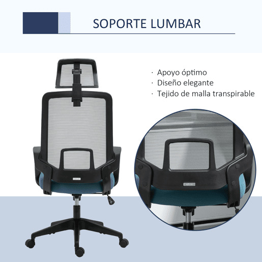 Vinsetto Cadeira de Escritório Ergonômica Cadeira de Escritório Giratória com Altura Ajustável Apoio para a Cabeça Apoio para os Braços e Suporte Lombar Reguláveis 63,5x63x116,5-125,5cm Azul e Cinza
