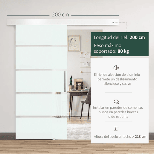 HOMCOM Porta de Correr de Vidro 90x205 cm Porta de Correr de Vidro com Trilho Translúcida