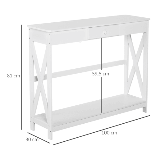 HOMCOM Mesa Consola Clássica com 1 Gaveta e 1 Prateleira de Armazenamento para a Entrada Mesa Auxiliar Sala de Estar Estilo Elegante 100x30x81cm Branco