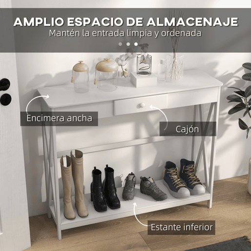 HOMCOM Mesa Consola Clássica com 1 Gaveta e 1 Prateleira de Armazenamento para a Entrada Mesa Auxiliar Sala de Estar Estilo Elegante 100x30x81cm Branco
