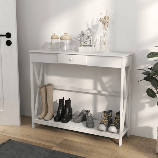 HOMCOM Mesa Consola Clássica com 1 Gaveta e 1 Prateleira de Armazenamento para a Entrada Mesa Auxiliar Sala de Estar Estilo Elegante 100x30x81cm Branco
