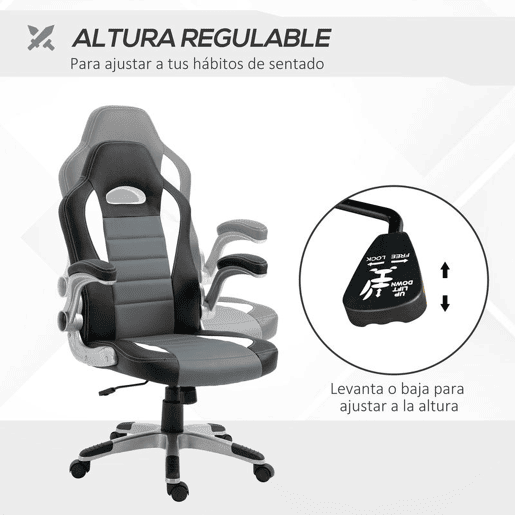 HOMCOM Cadeira de escritório ergonômica Altura ajustável apoio de Braço dobrável com 5 rodas Carga 120 kg 65x69x112-122 cm cinza