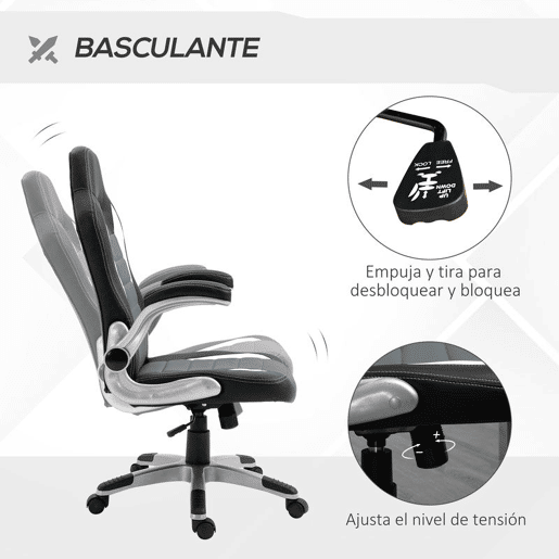 HOMCOM Cadeira de escritório ergonômica Altura ajustável apoio de Braço dobrável com 5 rodas Carga 120 kg 65x69x112-122 cm cinza