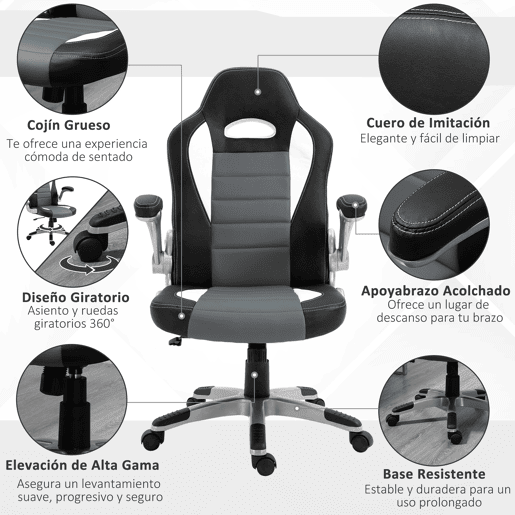 HOMCOM Cadeira de escritório ergonômica Altura ajustável apoio de Braço dobrável com 5 rodas Carga 120 kg 65x69x112-122 cm cinza