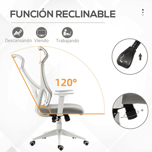 HOMCOM Cadeira ergonômica giratória para escritório altura ajustável e reclinável até 120º posição de bloqueio 64x61x120,9-128,9 cm Cinza