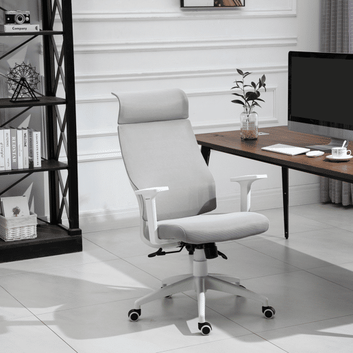 HOMCOM Cadeira ergonômica giratória para escritório altura ajustável e reclinável até 120º posição de bloqueio 64x61x120,9-128,9 cm Cinza