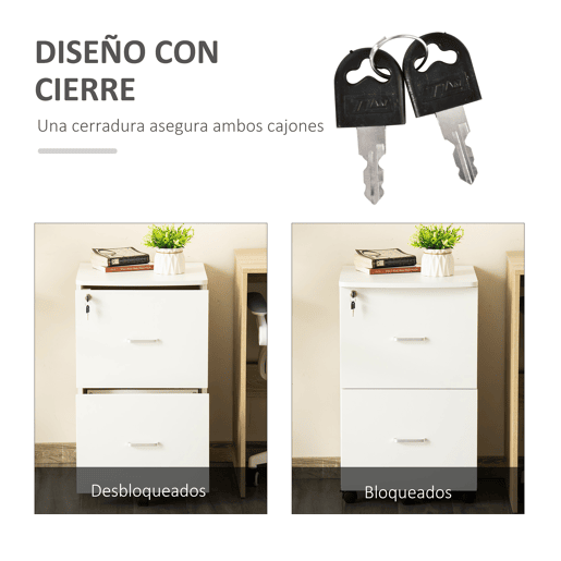 Vinsetto Arquivador de Escritório Móvel Auxiliar para Arquivos com 2 Gavetas Fechadura 2 Chaves 5 Rodas e 2 Freios para Estúdio Escritório Dormitório 43x45x72cm Branco