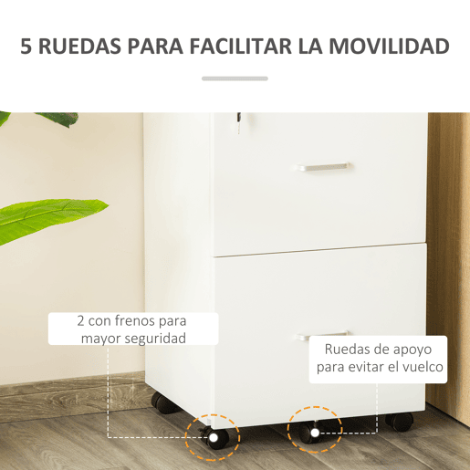 Vinsetto Arquivador de Escritório Móvel Auxiliar para Arquivos com 2 Gavetas Fechadura 2 Chaves 5 Rodas e 2 Freios para Estúdio Escritório Dormitório 43x45x72cm Branco