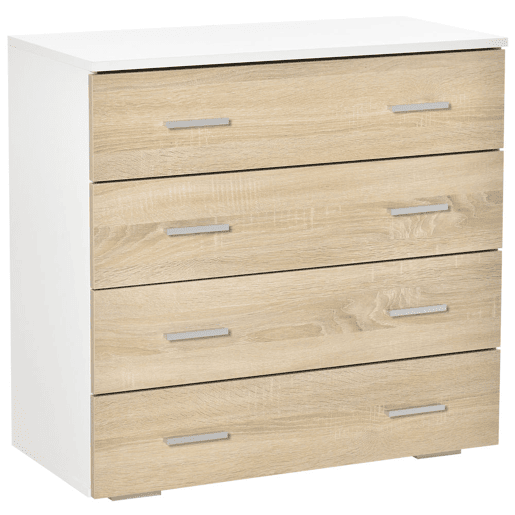 HOMCOM Cómoda com 4 Gavetas Cómoda Auxiliar de Armazenamento Moderna para Dormitório Corredor Sala de Estar 76x35x72cm Carvalho e Branco
