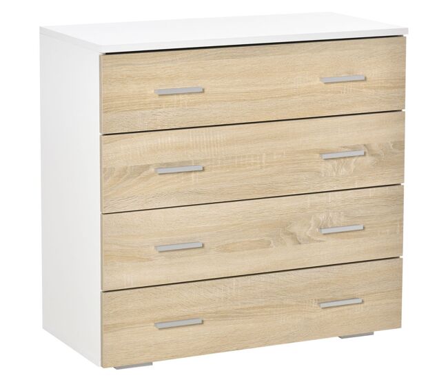 Homcom cómoda 4 cajones, cómoda dormitorio, cajonera para salón, oficina, pasillo, estilo moderno, 76x35x72 cm, roble y blanco