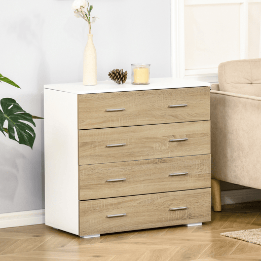 HOMCOM Cómoda com 4 Gavetas Cómoda Auxiliar de Armazenamento Moderna para Dormitório Corredor Sala de Estar 76x35x72cm Carvalho e Branco