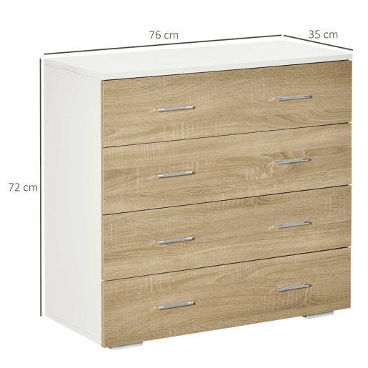 HOMCOM Cómoda com 4 Gavetas Cómoda Auxiliar de Armazenamento Moderna para Dormitório Corredor Sala de Estar 76x35x72cm Carvalho e Branco