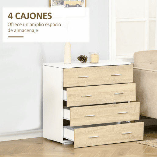 HOMCOM Cómoda com 4 Gavetas Cómoda Auxiliar de Armazenamento Moderna para Dormitório Corredor Sala de Estar 76x35x72cm Carvalho e Branco