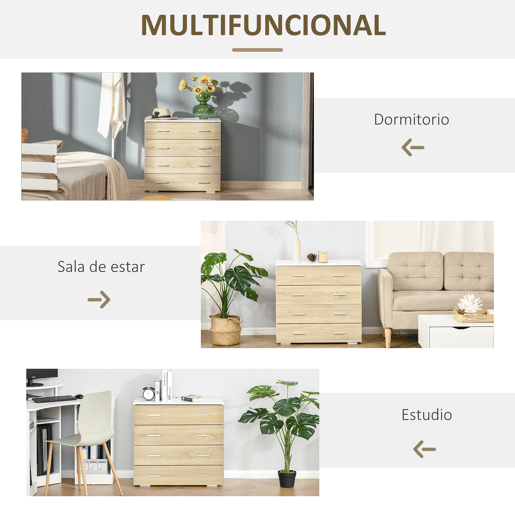 HOMCOM Cómoda com 4 Gavetas Cómoda Auxiliar de Armazenamento Moderna para Dormitório Corredor Sala de Estar 76x35x72cm Carvalho e Branco