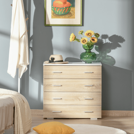 HOMCOM Cómoda com 4 Gavetas Cómoda Auxiliar de Armazenamento Moderna para Dormitório Corredor Sala de Estar 76x35x72cm Carvalho e Branco