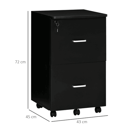 Vinsetto Arquivador de Escritório Móvel Auxiliar para Arquivos com 2 Gavetas Fechadura 2 Chaves 5 Rodas e 2 Freios para Estúdio Escritório Dormitório 43x45x72cm Preto