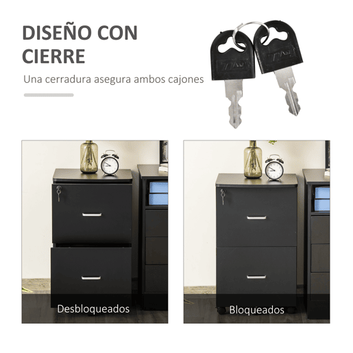 Vinsetto Arquivador de Escritório Móvel Auxiliar para Arquivos com 2 Gavetas Fechadura 2 Chaves 5 Rodas e 2 Freios para Estúdio Escritório Dormitório 43x45x72cm Preto