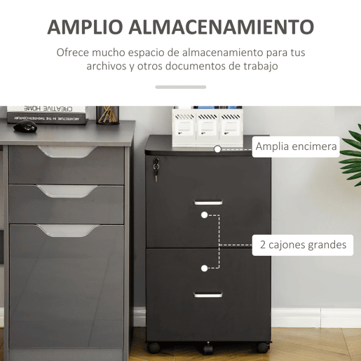 Vinsetto Arquivador de Escritório Móvel Auxiliar para Arquivos com 2 Gavetas Fechadura 2 Chaves 5 Rodas e 2 Freios para Estúdio Escritório Dormitório 43x45x72cm Preto