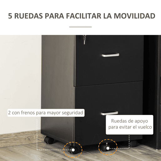 Vinsetto Arquivador de Escritório Móvel Auxiliar para Arquivos com 2 Gavetas Fechadura 2 Chaves 5 Rodas e 2 Freios para Estúdio Escritório Dormitório 43x45x72cm Preto