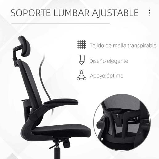 Vinsetto Cadeira de Escritório de Malha Ergonómica Cadeira de Escritório com Altura Ajustável Apoio para os Braços Dobrável Apoio para a Cabeça e Suporte Lombar Ajustáveis 65x64x114-122cm Preto