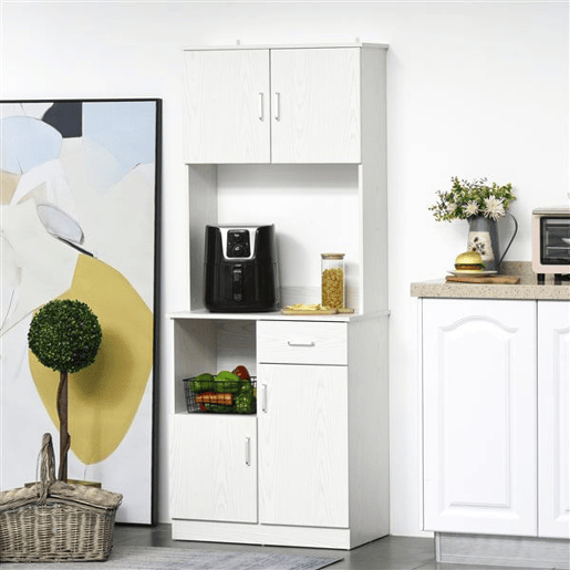 HOMCOM Armário Auxiliar para Cozinha com 3 Armários com Portas Prateleira Ajustável Gaveta e Prateleira Aberta 71x41x178 cm Branco