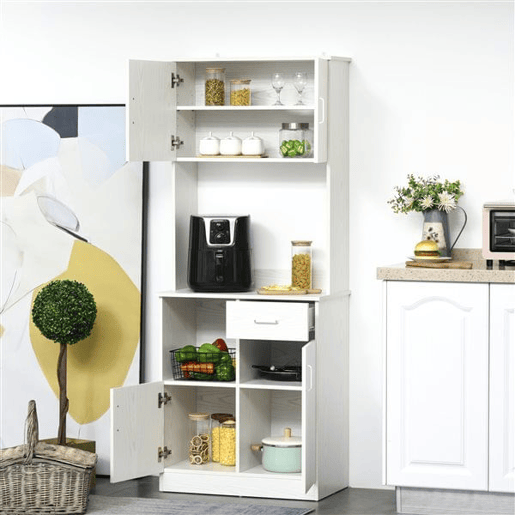 HOMCOM Armário Auxiliar para Cozinha com 3 Armários com Portas Prateleira Ajustável Gaveta e Prateleira Aberta 71x41x178 cm Branco