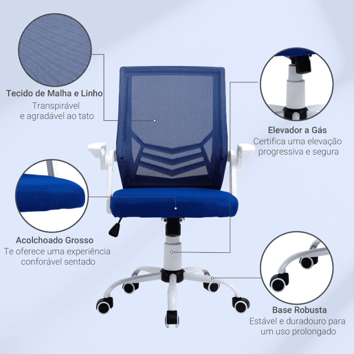 Vinsetto Cadeira de Escritório Ergonômica Cadeira de Escritório Giratória com Altura Ajustável Apoio para os Braços Dobrável Suporte Lombar e Encosto Transpirável 62,5x55x94-104cm Azul