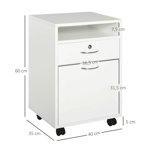 HOMCOM Unidade de Gavetas para Escritório com Rodas, Móvel Arquivador com Gaveta, Compartimento e Porta, 40x35x60 cm, Branco HOMCOM Unidade de Gavetas para Escritório com Rodas, Móvel Arquivador com Gaveta, Compartimento e Porta, 40x35x60 cm, Branco